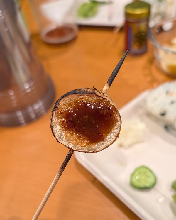 King oyster mushroom skewers with dengaku sauce on top