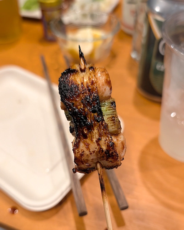 Grilled chicken thigh and scallion skewer